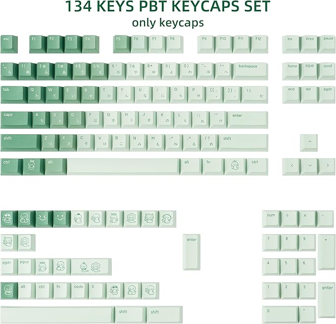 134 Keys Gradient Green PBT Keycaps - 5-Side Dye-Sublimation Cute Snake Elements, Japanese Root Characters, Cherry Profile Keycaps Set for Mechanical Keyboard (60/65/75/80/100 Layouts)