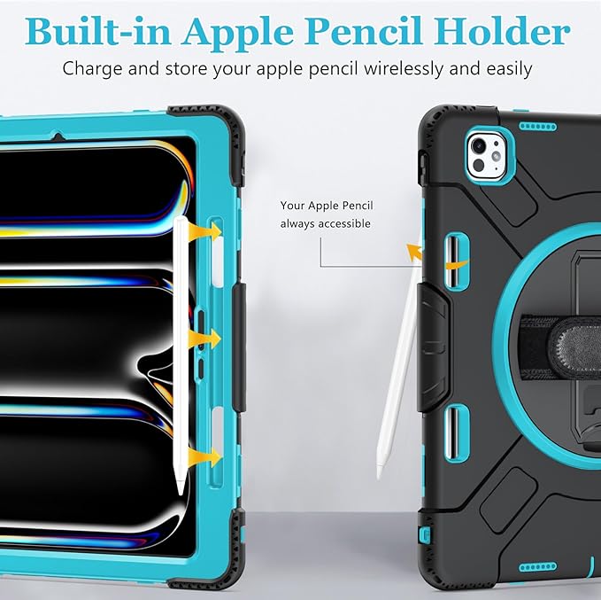 Case for iPad Pro 13 Inch M5 2025/ M4 2024: Military Grade Cover for iPad Pro 13" with Screen Protector - Stand - Handle - Shoulder Strap - Pencil Holder- Mint Green