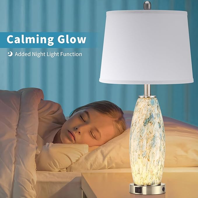 29" Tall Table Lamps Set of 2, Large Modern Lamps for Bedroom with Nightlight, Coastal Bedside Lamps with USB C+A, Glass Nightstand Table Lamps for Living Room, Bulbs Included