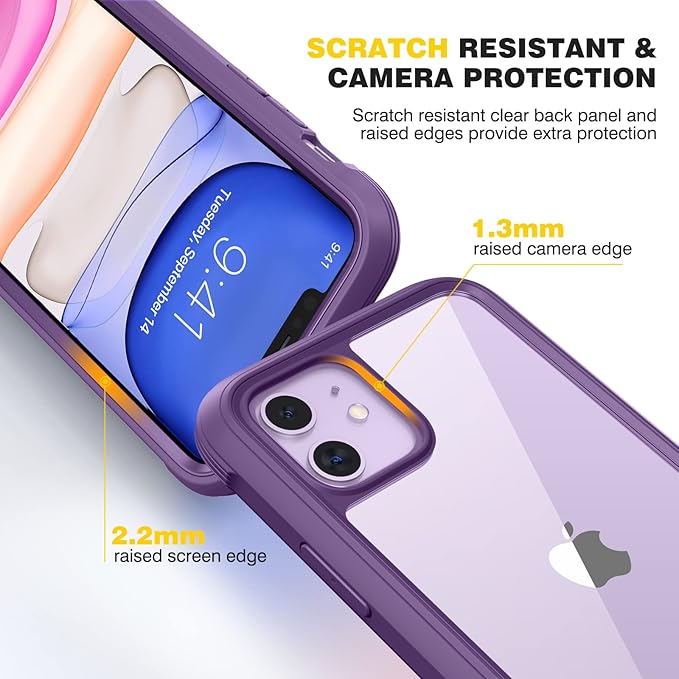 Diaclara Compatible with iPhone 11 Case, Full Body Rugged with Built-in Touch Sensitive Anti-Scratch Screen Protector, Soft TPU Bumper Case Clear Compatible with iPhone 11 6.1" (Purple and Clear)