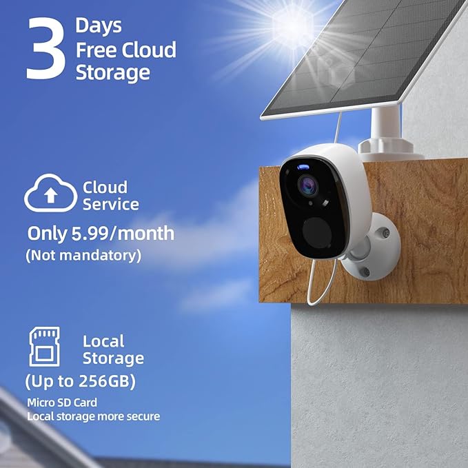 EVERSECU 2K 3MP Solar-Powered Wireless Security Camera Support Pairing Via Bluetooth, Outdoor WiFi Home CCTV Bullet Camera, Spotlight, PIR Motion Detection, 2-Way Audio, Compatible with Alexa(4pack)
