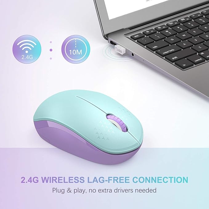 seenda Wireless Mouse for Laptop, 2.4G Noiseless Mouse with USB Receiver - Optical Tracking Portable Computer Mice for Chromebook, PC, Tablet, Windows System, 24 Months Battery Life -Mint Green&Purple