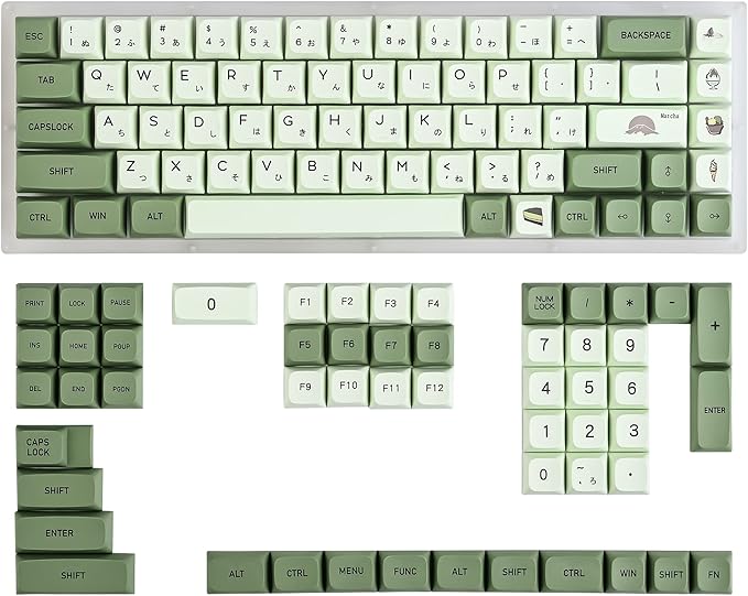 GTSP XDA Profile Japanese Keycaps 60 Percent PBT 122 Key Green Keycaps Set for Cherry MX Covers Tenkeyless 60% 65% Gaming Keyboard (Matcha)