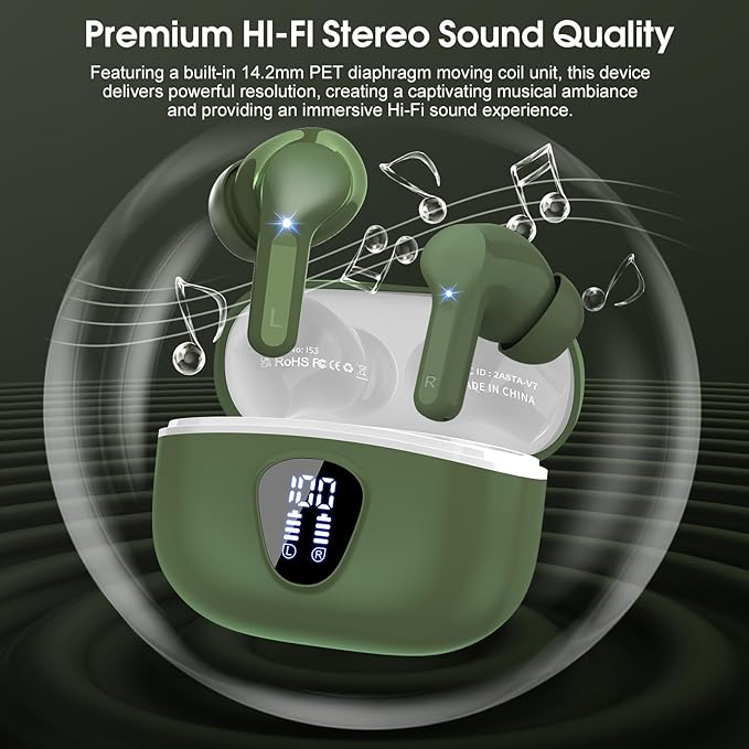Wireless Earbuds, Bluetooth 5.4 Headphones HiFi Stereo, Bluetooth Earbuds with ENC Noise Cancelling Mic, IP7 Waterproof in Ear Earphones, 48H, LED Display Ear buds for Pad Phones Workout Sports, Green