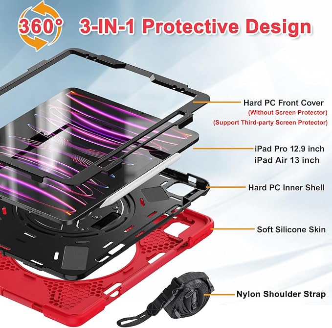 BRAECNstock Case for Apple iPad Air 13 inch (M4/M3/M2)/ iPad Pro 12.9 inch 6th/5th/4th/3rd Gen, Shockproof Protective Case with Pencil Holder, 360° Rotating Stand & Hand Strap, Shoulder Strap, Red