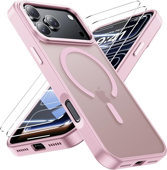 for iPhone 17 Pro Case with 2X Screen Protectors [Compatible with MagSafe] Military Grade Drop Protection Skin Feeling Cover Shockproof Slim Fit iPhone 17 Pro Phone Case 6.3 inch,Light Pink