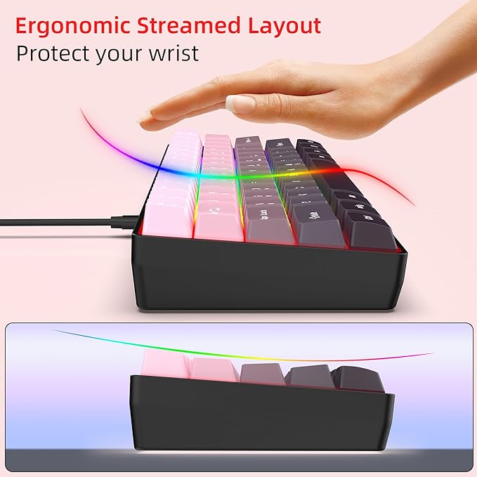 Snpurdiri 60% Wired Gaming Keyboard, 61 Keys RGB Backlit Ultra-Compact Small Gaming Keyboard, for PC/Mac Gamer, Typist, Travel, Easy to Carry on Business Trip (Pink-Black)