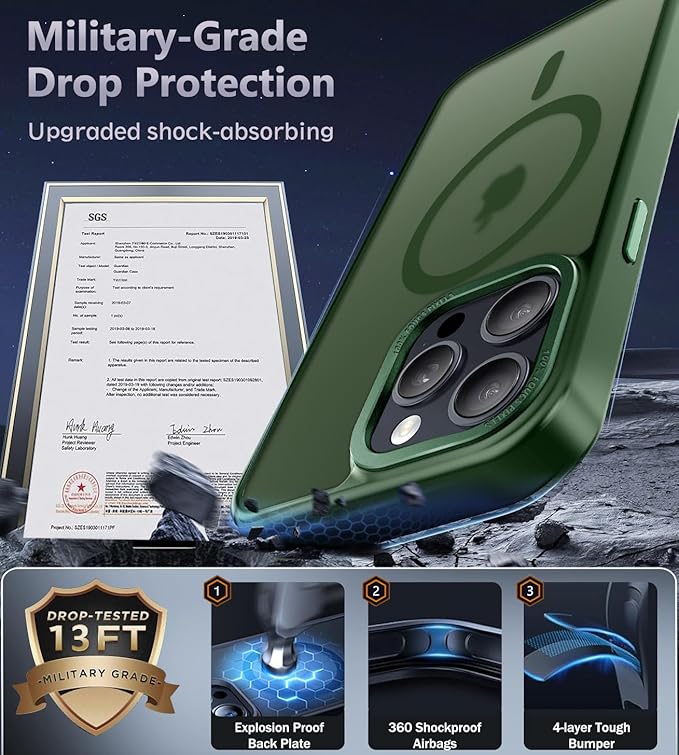 Newfuture Magnetic for iPhone 15 Pro Case [Compatible with Magsafe] [Military Grade Drop Protection] Translucent Matte Anti-Fingerprint Shockproof Phone Case for iPhone 15 Pro 6.1 inch, Dark Green