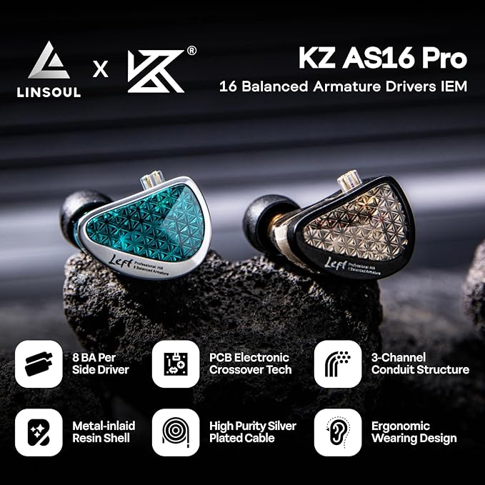 Linsoul KZ AS16 Pro Wired Earbuds, 16BA Balanced Armature Drivers Earphones HiFi Bass in Ear Monitor Earphones with Detachable 0.75mm 2 pin Cable (Cyan, Without Mic)