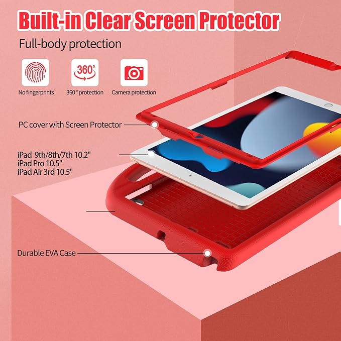 Kids Case for iPad 10.2 & 10.5, iPad 9th/8th/7th Generation 10.2" 2021 2020 2019 Case with Screen Protector, iPad Air 3rd Gen/Pro 10.5 inch Protective Cover with Handle Stand, Red