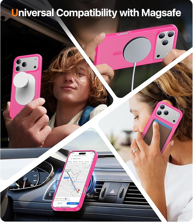 Magnetic for iPhone 17 Pro Case,[Anti-Slip][Compatible with MagSafe][Military Grade Drop Protection] Shockproof Protective Translucent Matte Phone Case for iPhone 17 Pro Case,Hot Pink