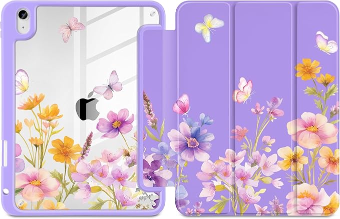 Case for iPad Air 11 inch M4 2026 M3 2025 M2 2024,iPad Air 5th (2022) / 4th (2020) 10.9 Inch Clear Back Shell Lightweight TPU Trifold Stand Auto Wake Sleep Cute Cover, Watercolor Flower