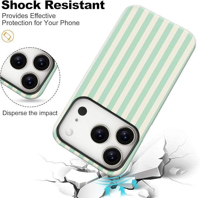 Magnetic for iPhone 17 Pro Max Case Cute Stripes Phone Case, Shockproof Slim TPU and Hard PC Protective Phone Cover Compatible with MagSafe Designed for Women Girls, Light Green