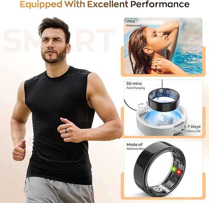 Smart Ring with Sleep Monitoring, Step Counting, Heart Rate for iPhone and Android, No Subscription Fee, IP68 Waterproof Health Tracker (Black, 7)