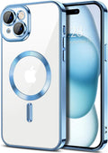 Hython Magnetic Clear for iPhone 15 Case with Camera Lens Protector [Compatible with MagSafe] Luxury Plating Edge Slim Soft TPU Cover Protective Phone Case for iPhone 15 6.1", Light Blue