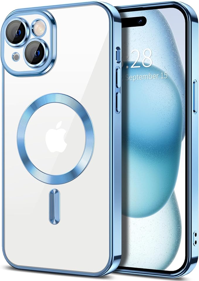 Hython Magnetic Clear for iPhone 15 Plus Case with Camera Lens Protector [Compatible with MagSafe] Luxury Plating Edge Slim Soft TPU Cover Protective Phone Case for iPhone 15 Plus 6.7", Light Blue