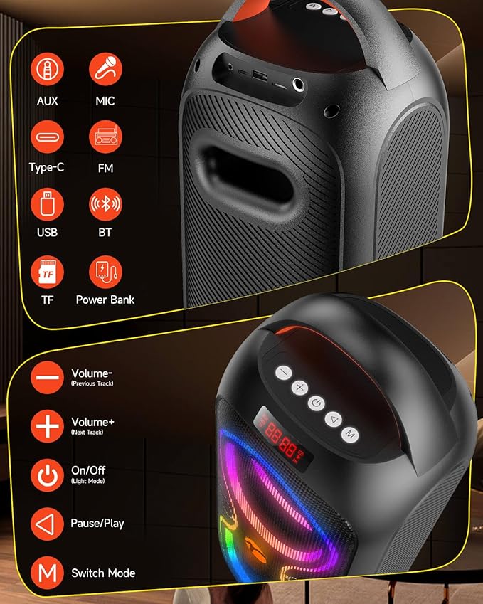 Party Bluetooth Speaker: 60W Peak Power, Deep Bass Dual Woofers, 12H Battery, RGB Lights, TWS, FM Radio, AUX/USB/Mic Input | for Indoor & Outdoor-Updated