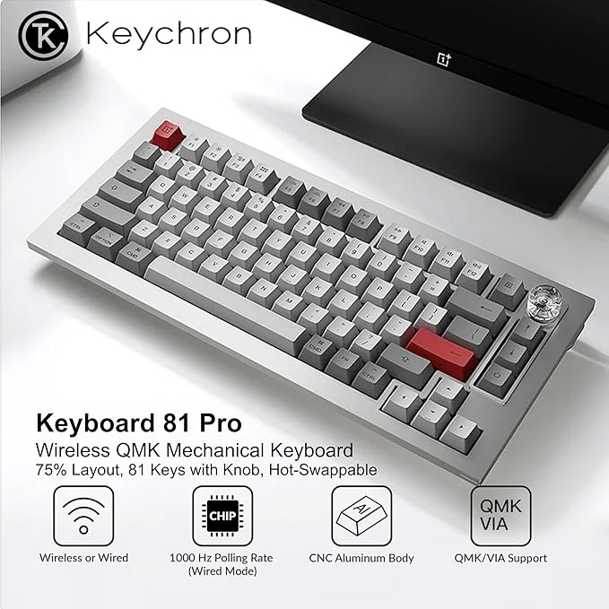 Keyboard 81 Pro Wireless 75% Mechanical Keyboard – Full Aluminum Body, QMK/VIA Programmable, Hot-Swappable Tactile Switches, Knob, RGB Backlight, Bluetooth & USB-C Wired, Mac/Windows/Linux Compatible