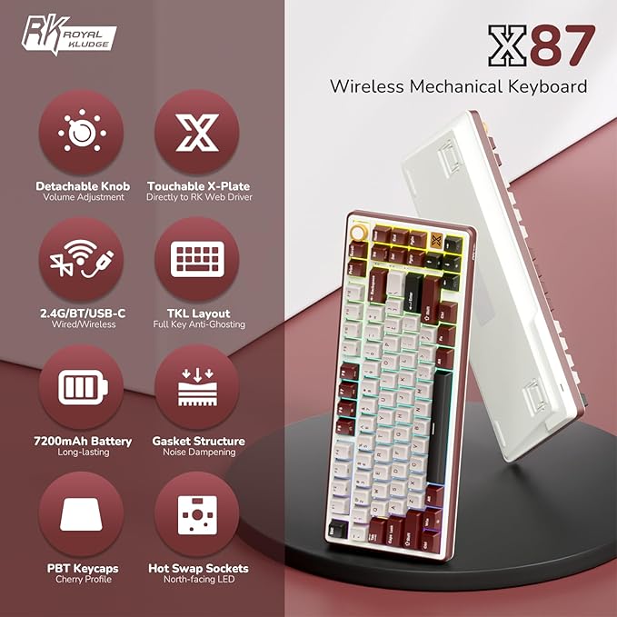 RK ROYAL KLUDGE X87 Gasket Mechanical Keyboard, 75% Wireless Gaming Keyboard with Touchable X-Plate & Volume Knob, Bluetooth/2.4GHz/Wired, Hot Swappable RGB Backlit (Red, Linear Cream Switch)