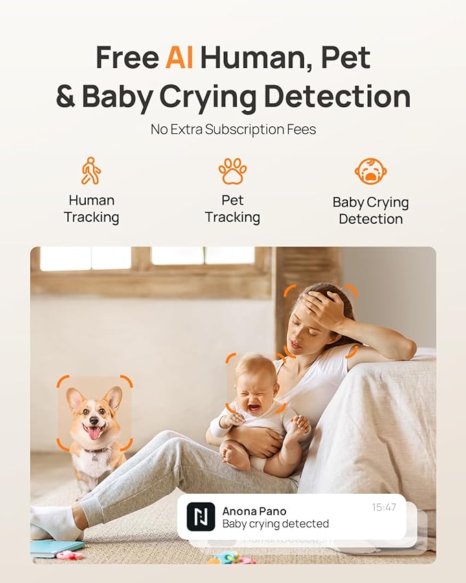 Anona 4K UHD Indoor Camera, Pet/Dog/Baby Security Camera with Phone App, 360°Pan-Tilt, 5G/2.4G Dual-Band Wi-Fi 6, Auto-Tracking, Person/Pet/Baby Crying Detection, Privacy Mode, Two-Way Audio, 2 Pack