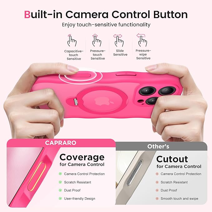 CAPRARO for iPhone 16 Pro Max Case with 360° Spin Magnetic Stand for Women, [Compatible with MagSafe] [Full Camera Protection] Cute Wave Translucent Matte Case for iPhone 16 Pro Max, Hot Pink