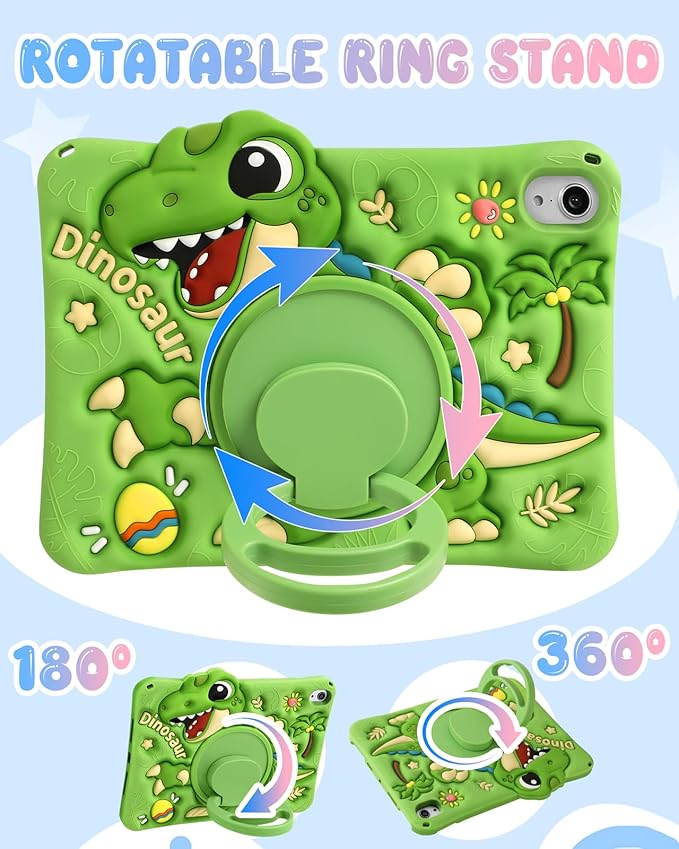 Boaretiu Tablet Case - Cute Cartoon Silicone Cover with Adjustable Shoulder Strap & Rotating Stand for Kids Boys Girls, for iPad mini 7th (A17 Pro) / for iPad mini 6th Generation Case, Green Dinosaur