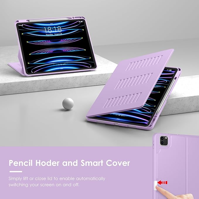VIKESI Case for iPad Pro 12.9 6th / 5th / 4th / 3rd Generation Case 2022/2021/2020/2018,Multiple Angles Magnetic Stand Cover,Shockproof Soft Back,Pencil Holder,and Auto Sleep/Wake,Lilac