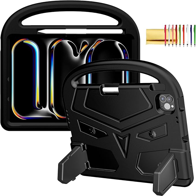 Kids Case for iPad Pro 11" M5 2025/M4 2024 & iPad Air 11" M3 2025/M2 2024, Techcircle Child Shock Proof EVA Protective [Support Pencil Charging] Handle Stand Cover, Black