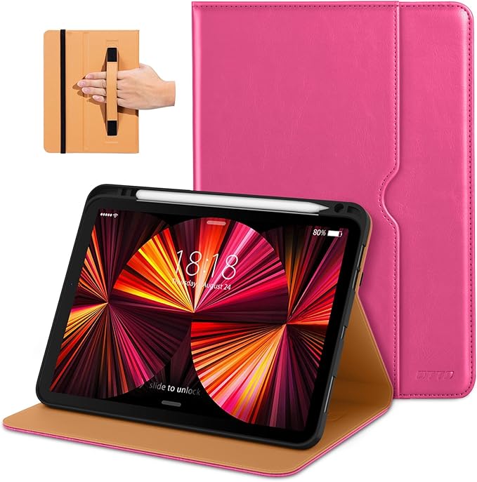 DTTO Case for iPad Pro 11 Inch 4th / 3rd / 2nd / 1st Generation 2022/2021/2020/2018,Premium PU Leather Folio Stand Cover with Hand Strap, Auto Wake/Sleep,Multiple Viewing Angles, Rose Red