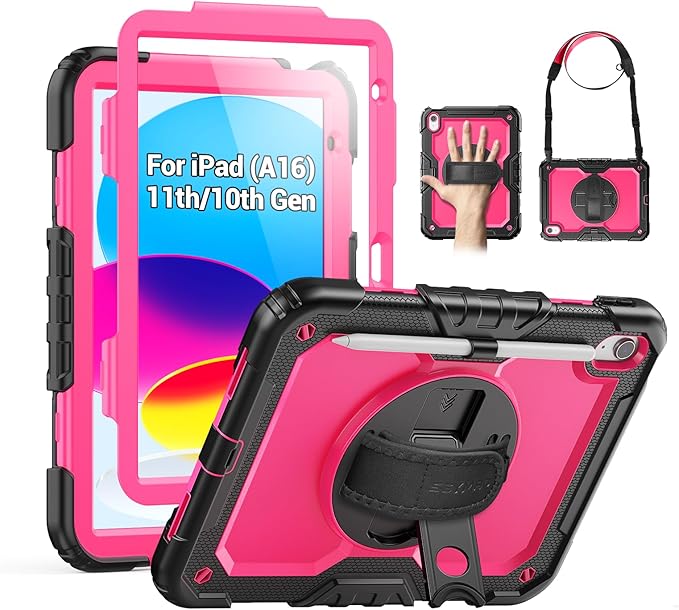 SEYMAC Case for iPad (A16) 11th/10th Generation 2025/2022 (11″/10.9″), Sturdy Heavy Duty Full-Body Shockproof Protective Case with Screen Protector, Rotating Stand, Hand/Shoulder Strap, Pink