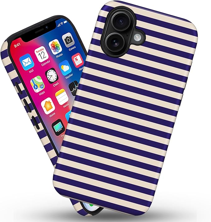 Magnetic for iPhone 16 Plus Case Cute Stripes Phone Case, Shockproof Slim TPU and Hard PC Protective Phone Cover Compatible with MagSafe Designed for Women Girls, Blue&Apricot