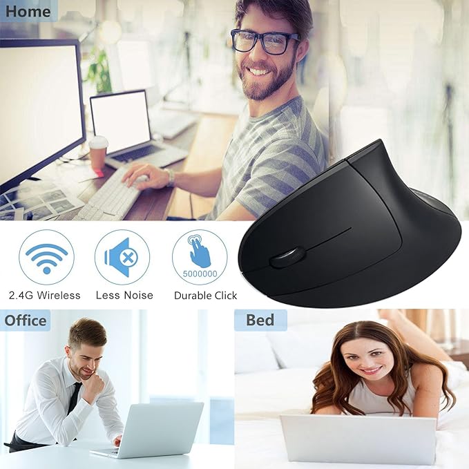 Lekvey Left Handed Mouse, Wireless 2.4 GHz USB Lefty Left Hand Ergonomic Vertical Mouse, Less Noise - Black