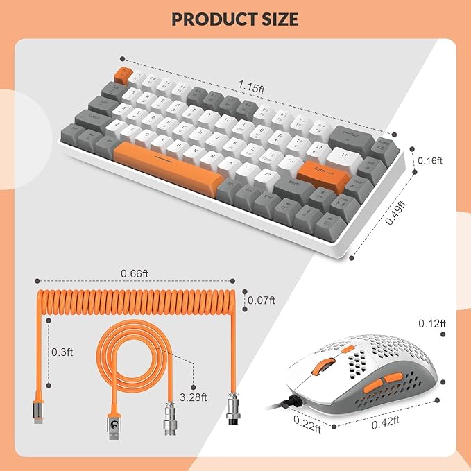 ZIYOU LANG RK-T8PR0 Wired 65% Mechanical Gaming Keyboard and Mouse Combo with RGB LED Backlit Anti-ghosting TKL Mini 68 Key Coiled C to A Cable Linear Red Switch for PS4 PS5 Xbox PC Mac Gamer(Gray)