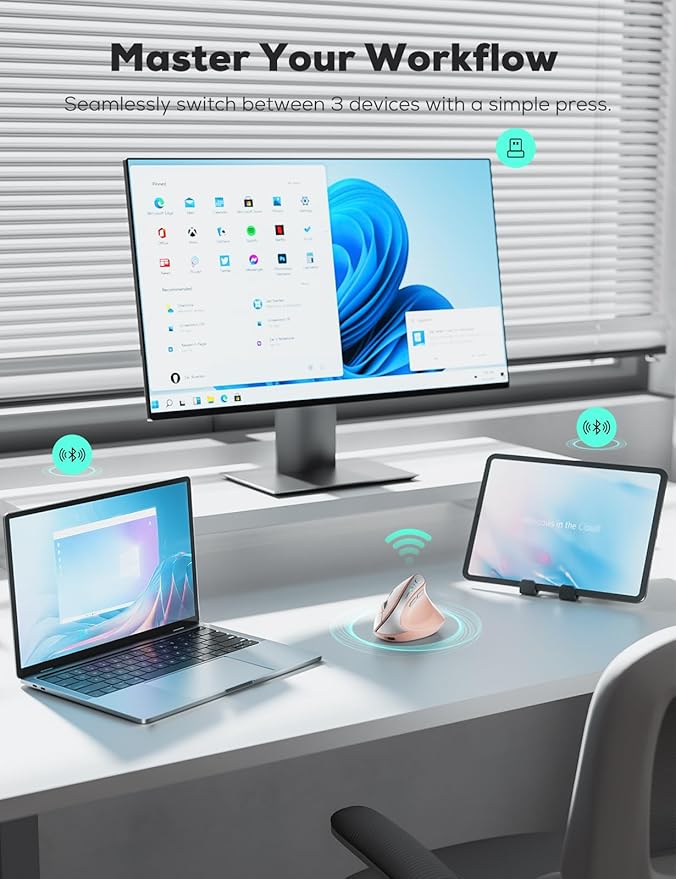 Nulea MD280 Ergonomic Vertical Wireless Mouse - Bluetooth & 2.4G Dual Mode, 4 Adjustable DPI 800/1200/1600/2400, Rechargeable, Silent Clicks, No Lag, 6 Buttons - Perfect for Laptop, Desktop Pink