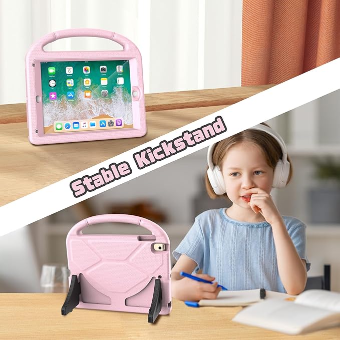 YIHE Shockproof Kids Case for iPad 6th/5th Generation (9.7 inch, 2018/2017), iPad Air 2/1 & Pro 9.7 | Durable Protective Cover with Built-in Screen Protector & Stable Stand, Light Pink