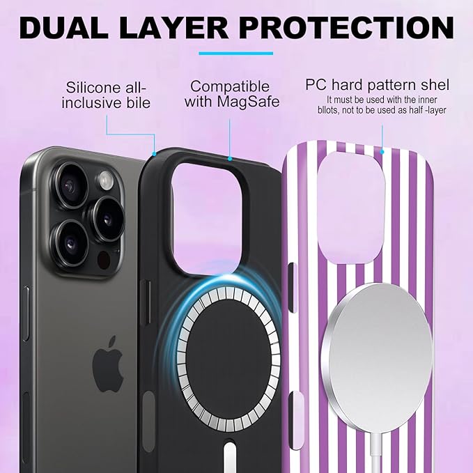 Magnetic for iPhone 14 Pro Case Cute Stripes Phone Case, Shockproof Slim TPU and Hard PC Protective Phone Cover Compatible with MagSafe Designed for Women Girls, Purple
