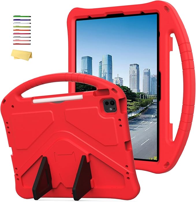 Kids Case for iPad Air 13 inch M4/M3/M2 (2026/2025/2024) with Pencil Holder/Shockproof Handle/Kickstand/Slim Lightweight Soft EVA Foam Folio Stand Tablet Protective Girls Boys Cover, Red