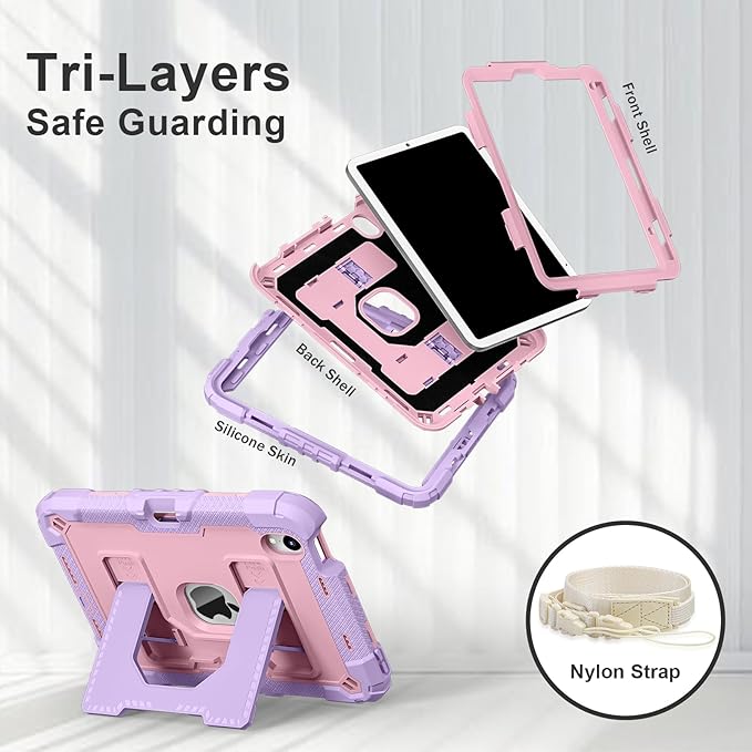 Kids Friendly Case for Apple iPad mini 7 A17 Pro 2024/iPad Mini 6 2021 8.3 Inch 7th/6th Gen Case with Pencil Holder & Shoulder Strap, Shockproof Kickstand Hard Shell Protective Cover,Pink+Purple