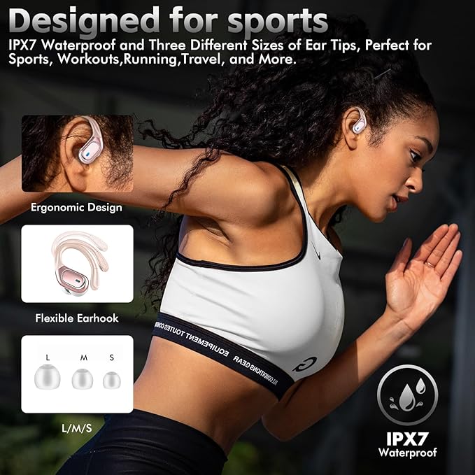 HAOYUYAN Wireless Earbuds Bluetooth 5.3 Headphones with 80H Playback, IPX7 Waterproof Over Ear Buds with LED Power Display for Sports Running Workouts（Champagne Gold）