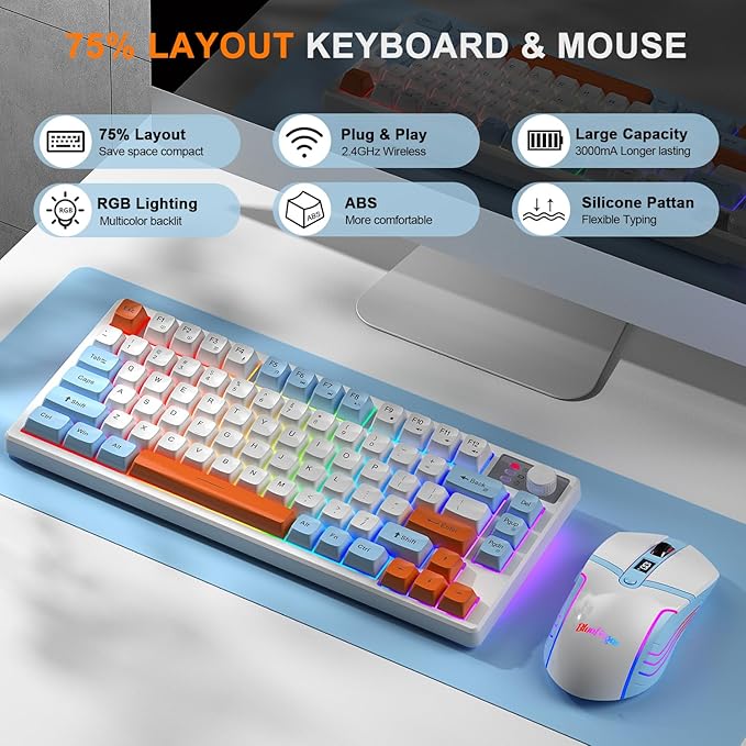 BlueFinger 75% Wireless Gaming Keyboard and Mouse with Smart Display, Rechargeable Light Up Wireless Keyboard with Knob Control, RGB Backlit Gaming Mouse for Mac Laptop Computer PC Gamer