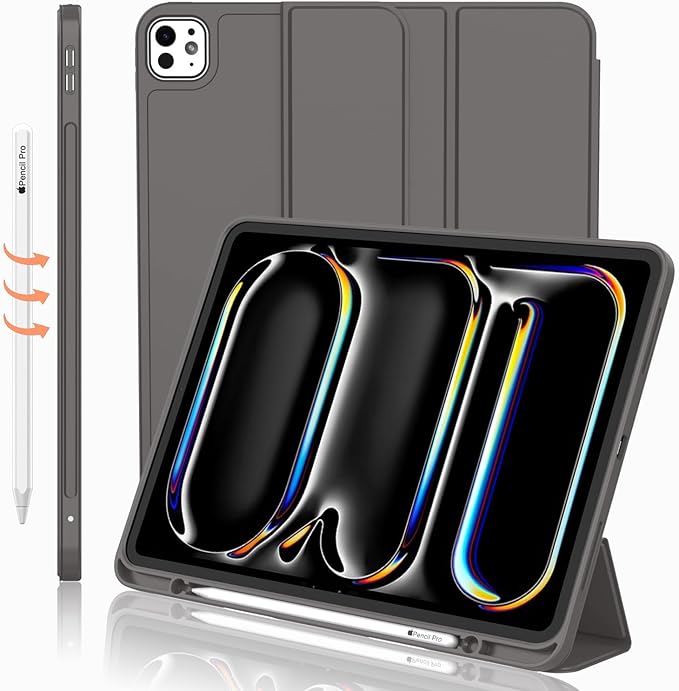 iMieet Case for iPad Pro 11 Inch (M5) 2025 /(M4) 2024 5th Gen, Trifold Stand Smart Cover with Pencil Holder and Soft TPU Back, Auto Wake/Sleep (Space Gray)