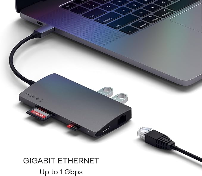 Satechi 8 in 1 USB C Hub Multiport Adapter V2, 4K HDMI, 115W USB C PD Charging, 3 USB-A, Ethernet, Micro/SD Card Readers, for Laptop, MacBook Air/Pro/Neo, iPad Air/Pro, Windows - Space Gray