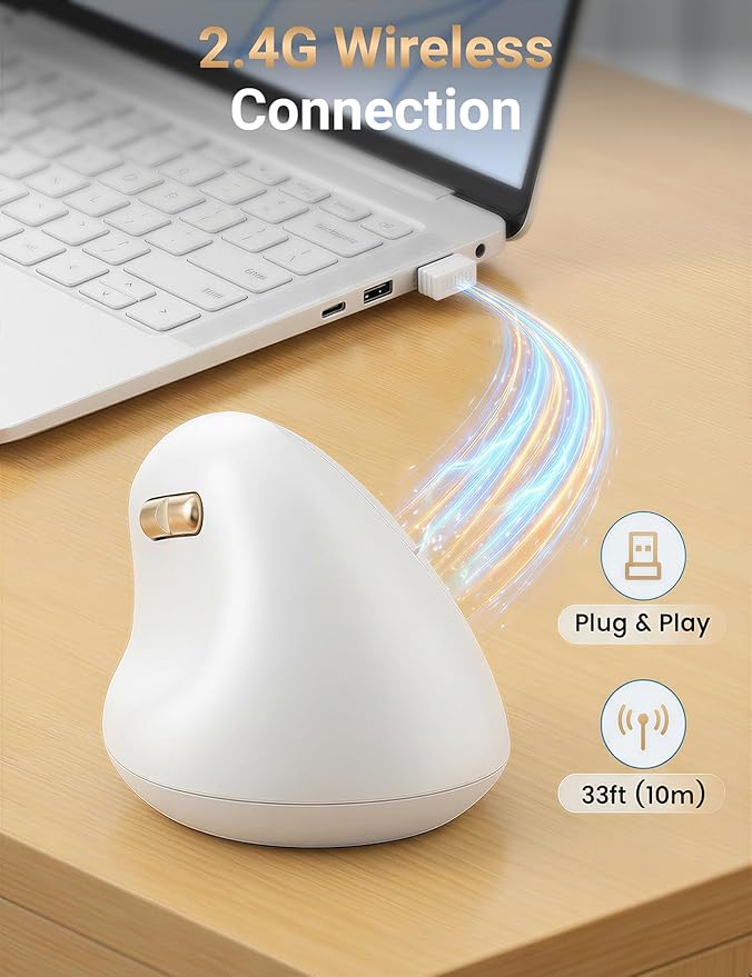 Ergonomic Vertical Wireless Mouse, 57° Natural Handshake for Wrist Pain Relief, Rechargeable 2.4G USB Computer Mouse, Quiet Click, 800/1200/1600 DPI, for Laptop PC Mac, Small/Medium Hands (White)