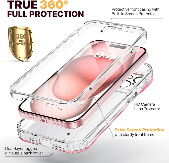 Diaclara Designed for iPhone 15 Case, Full Body Rugged Case with Built-in Touch Sensitive Anti-Scratch Screen Protector, with Camera Lens Protector for iPhone 15 6.1" (Gilt Pink)