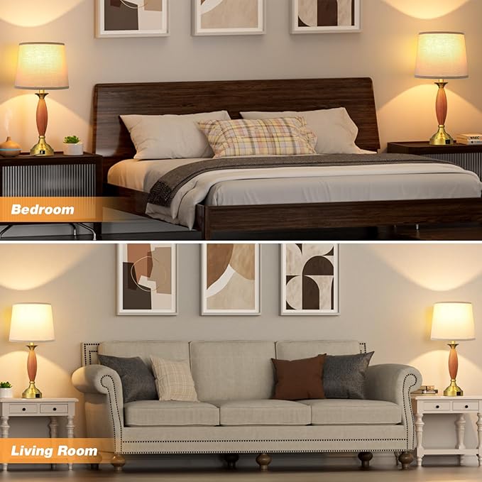Seealle Touch Bedside Lamps for Nightstand - Bedroom Lamps Set of 2 with USB C+A, 3 Way Dimmable Table Lamps for Living Room (Wood Body and Gold Base)