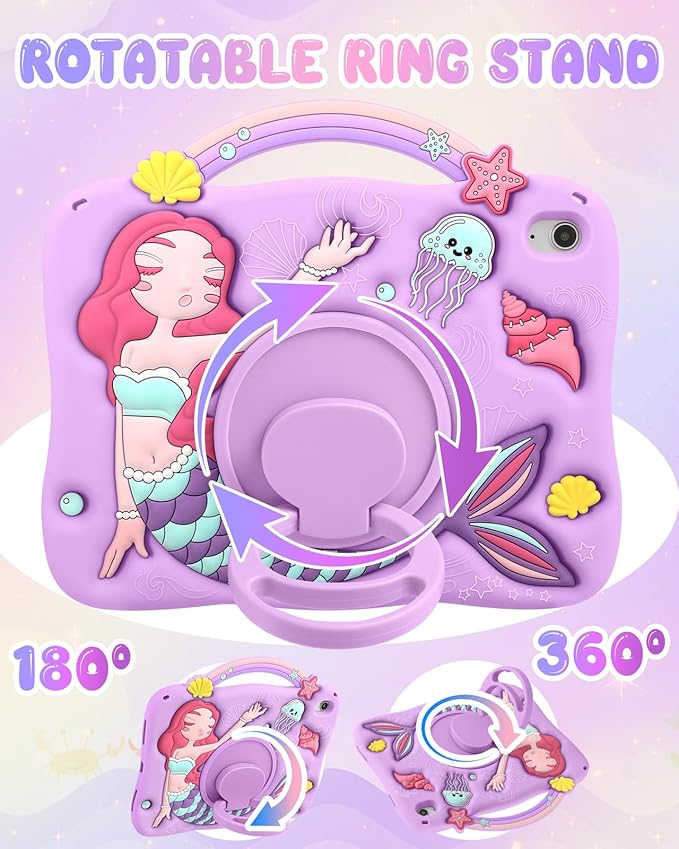 Boaretiu for iPad A16 Case/10th Generation Case - Girls Teens Cute Cartoon Purple Mermaids 10.9 Inch 2022 Tablet Cover with Strap & Rotating Stand Soft 3D Silicone Funda for iPad 11th 11 Inch 2025