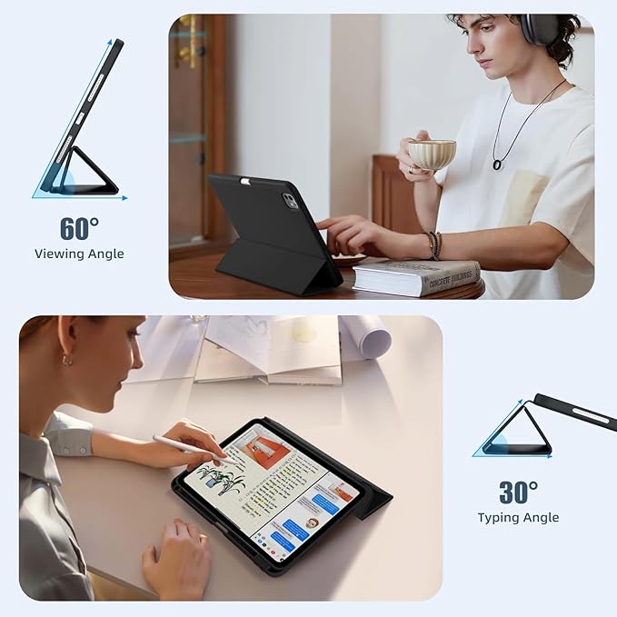 Kidopire New Compatible with iPad Pro 11 Inch Case (M4 2024/M5 2025) with Pencil Holder, Smart Cover with Protective Trifold Stand & Soft TPU Back, Auto Wake/Sleep, Support Pencil Pro, Black