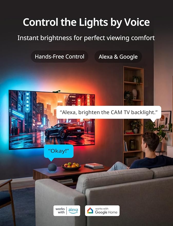 Ailofy TV Backlight with Camera for 40-50" TVs, 7.87ft LED Strip Lights, Real-Time Full-Screen Sync for Movies, Gaming & Music, Smart Bias Lighting, Works with Alexa & Google Assistant, App Control