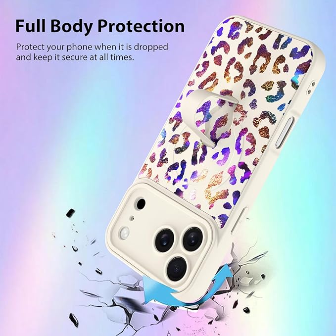 KANGHAR Compatible with iPhone 17 Pro Case, Support for MagSafe, Silicone Cute Iridescent Leopard Cheetah Pattern, Wristband Kickstand Shockproof Protective Slim Cover for Women Girls, White