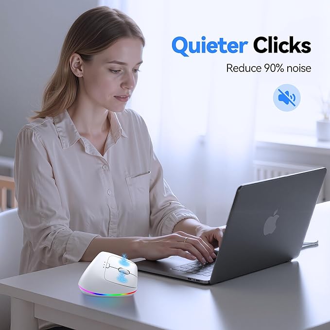 TECKNET RGB Wireless Ergonomic Mouse Rechargeable - USB+Bluetooth Multi-Device LED Vertical Mouse with 11 RGB Backlight Modes, 4800 DPI Adjustable, Ergo Mice for Windows and Mac, White
